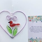 Heart w/Red Glass Bird & Leaves w/Card