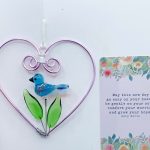 Heart w/Glass Blue Bird, Leaves & Card