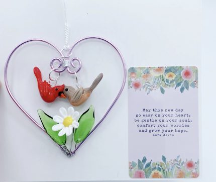 Aluminum Heart w/Glass Cardinals, Flower & Two Leaves - Cardinal Card