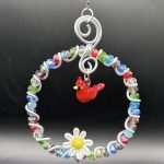 Glass Beaded Circle w/Male Cardinal & Flower