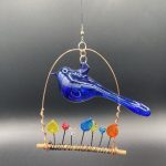 Handblown Glass Bird Over Glass Flower Garden (Blue)