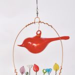 Handblown Glass Bird Over Glass Flower Garden (Red)