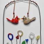 Male & Female Glass Cardinals Over Glass Garden w/Card